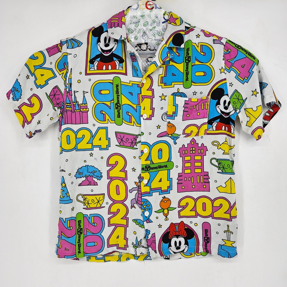Disney Hawaiian Shirt Mens Large‎ Button Up White 2024 All Over Print Casual
